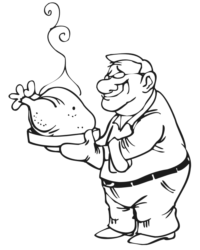Thanksgiving coloring page of grandpa carrying the turkey