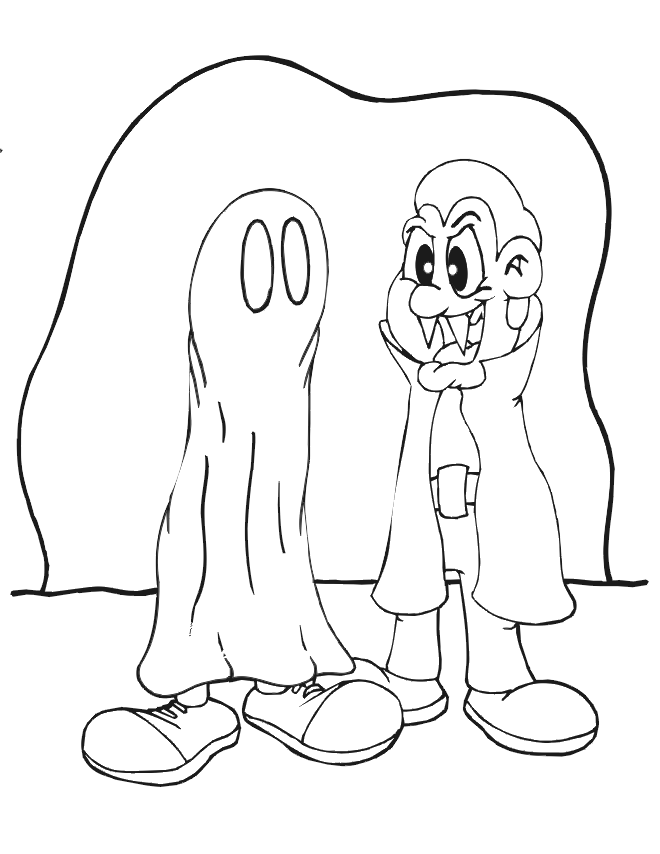 Vampire coloring page - vampire and ghost at halloween