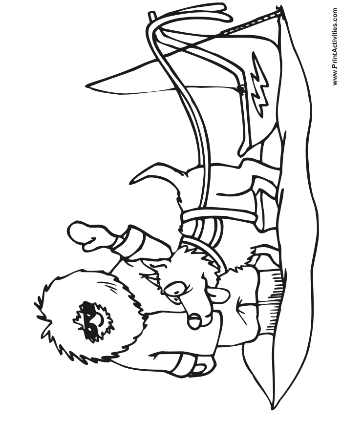 Dog sled coloring page of an eskimo with a dog and sled.