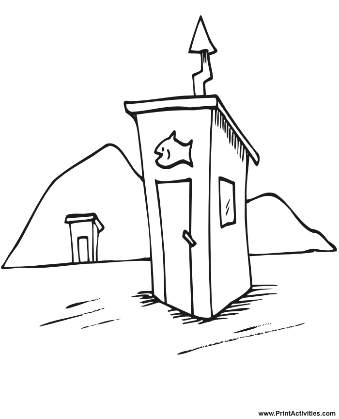 Ice fishing coloring page of an ice fishing hut.