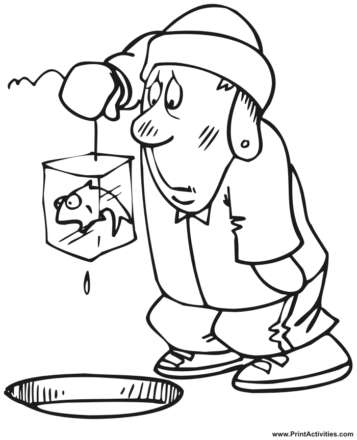 Ice fishing coloring page of fisherman who caught a frozen fish.