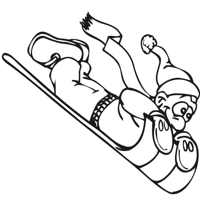 Winter coloring page of someone sledding on a tobogann.