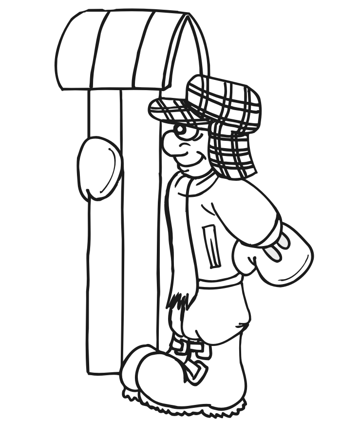 Winter coloring page of someone ready to sled.