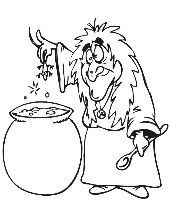Witch and cauldron coloring page.