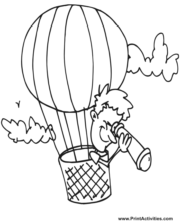 Hot air balloon coloring page with a rider in the basket.
