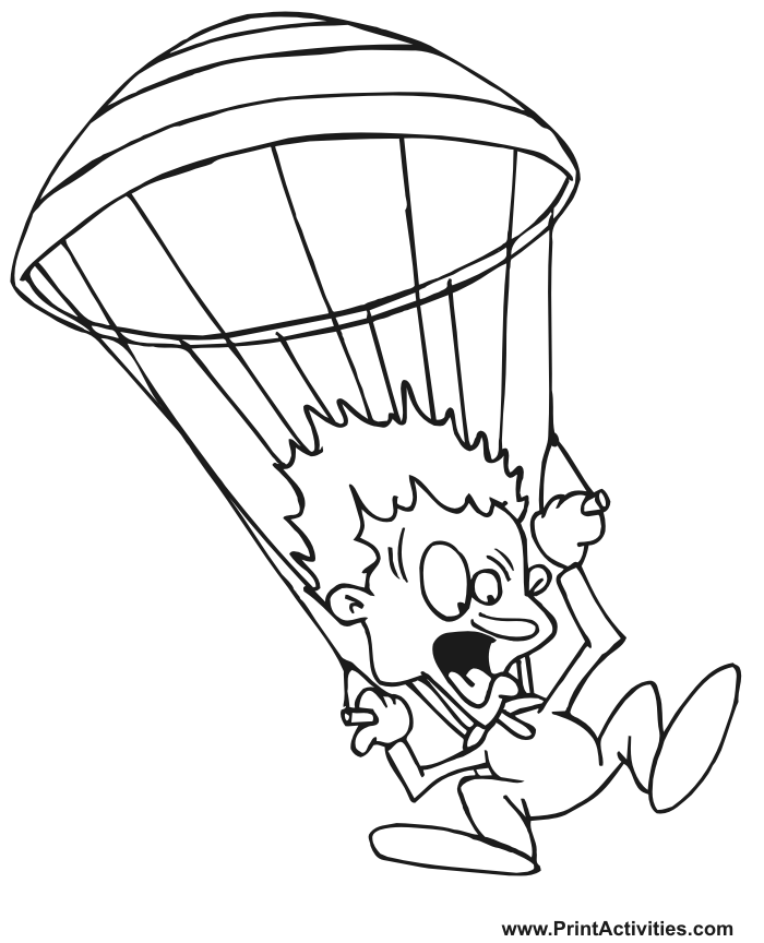 Parachute coloring page of a scared parachuter.