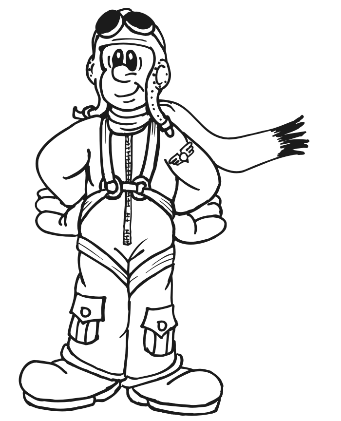 Pilot Coloring Page of a pilot wearing an old fashioned pilot suit.