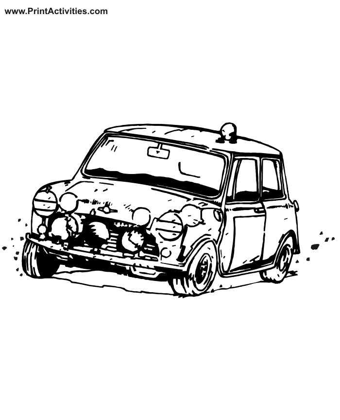 Car Coloring Page of a wrecked mini cooper.