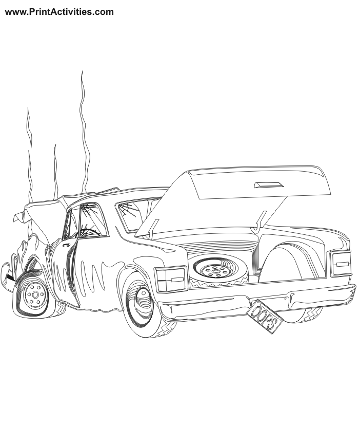 Car Coloring Page of a car wreck.