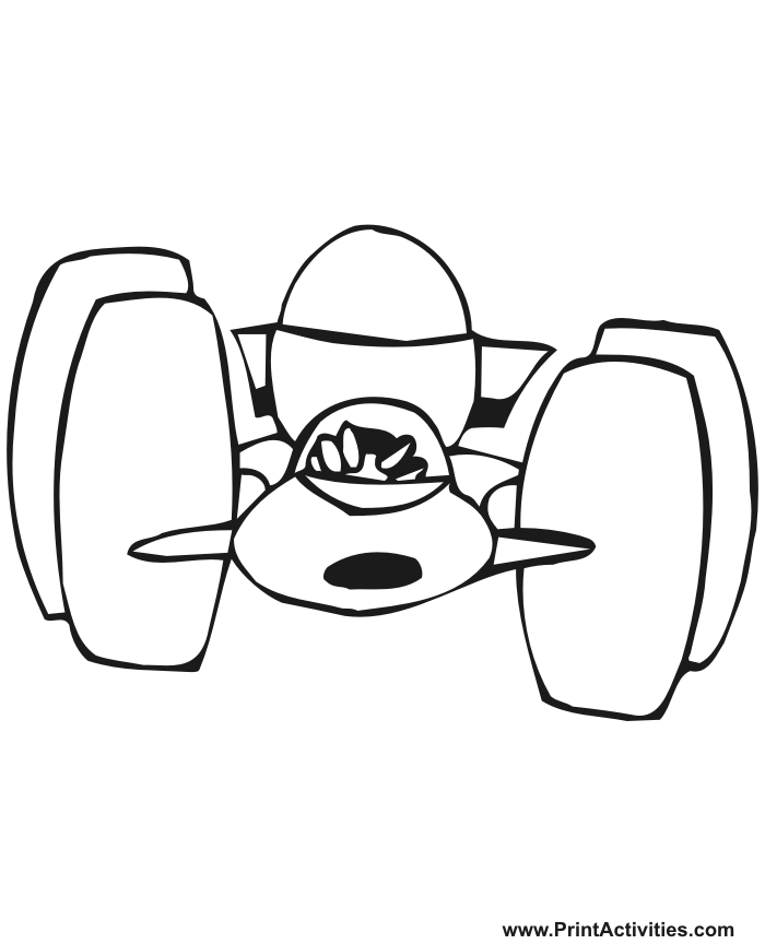 Race Car Coloring Page of a cartoonish formula one race car.