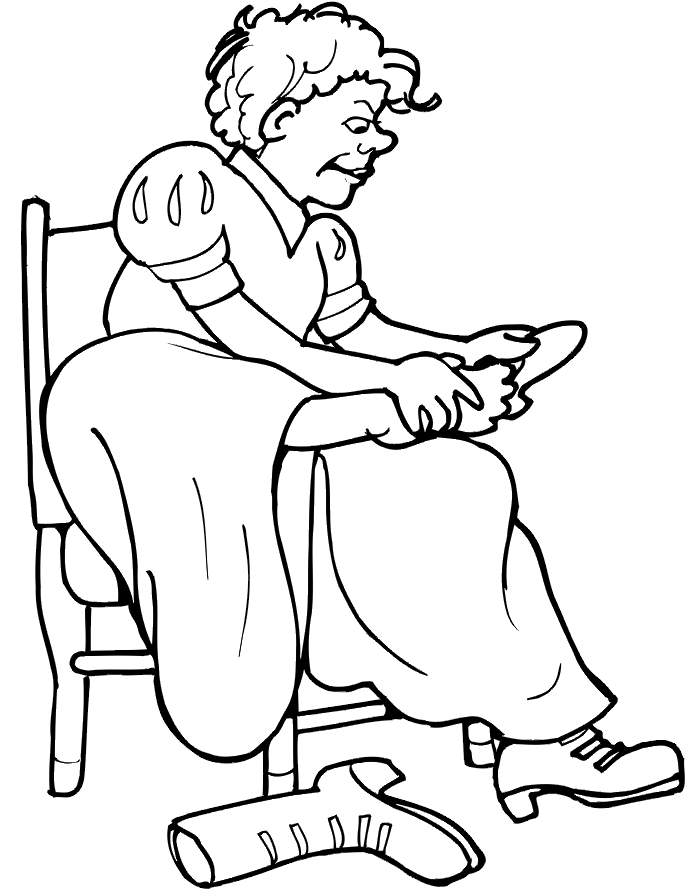 Cinderella coloring page: Cinderella's ugly stepsister trying on glass slipper