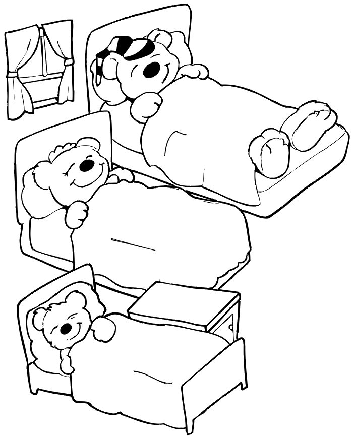 Goldilocks coloring page of the three bears in their beds