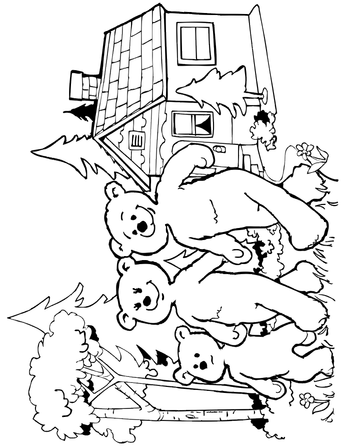 Goldilocks coloring page of the three bears leaving the cottage.