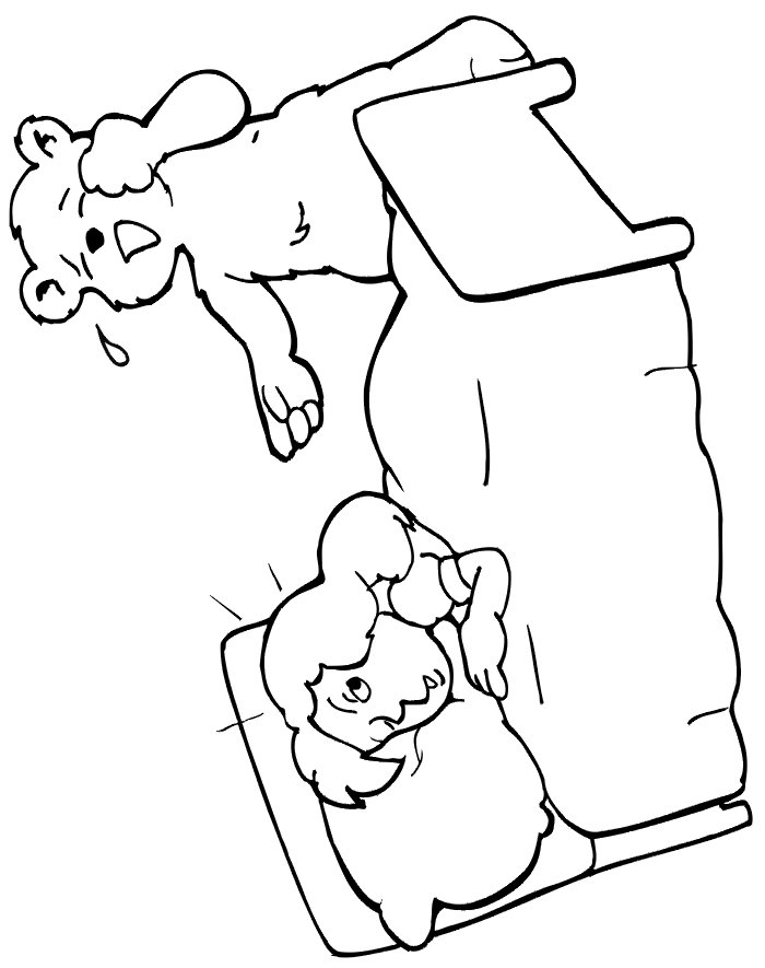 Goldilocks coloring page of goldilocks asleep in baby bear's bed.