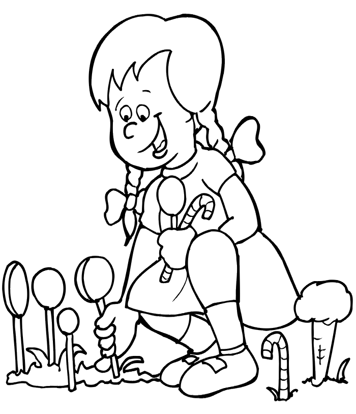 Hansel and Gretel coloring page: Gretel picking lollipops