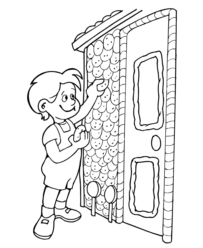 Hansel and Gretel coloring page of Hansel at the candy cottage.