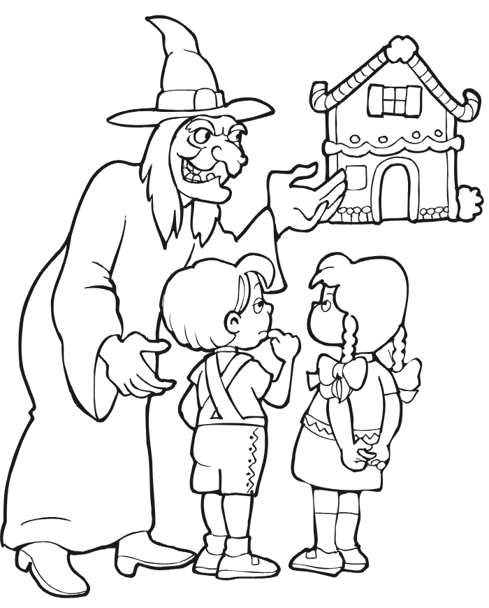 Hansel and Gretel coloring page of Gretel picking lollipops.