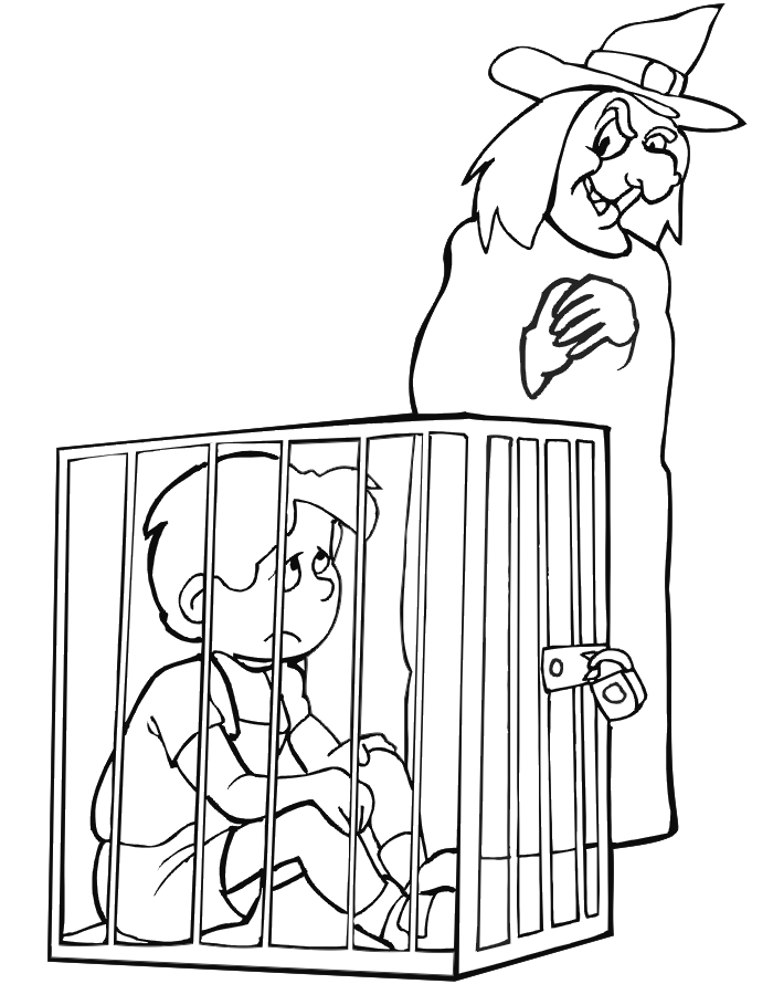 Hansel and Gretel coloring page of Hansel in a cage.