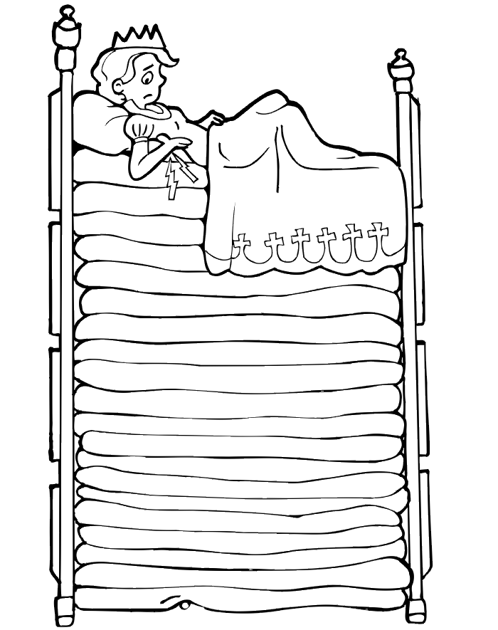 Princess and the pea coloring page: atop many mattresses