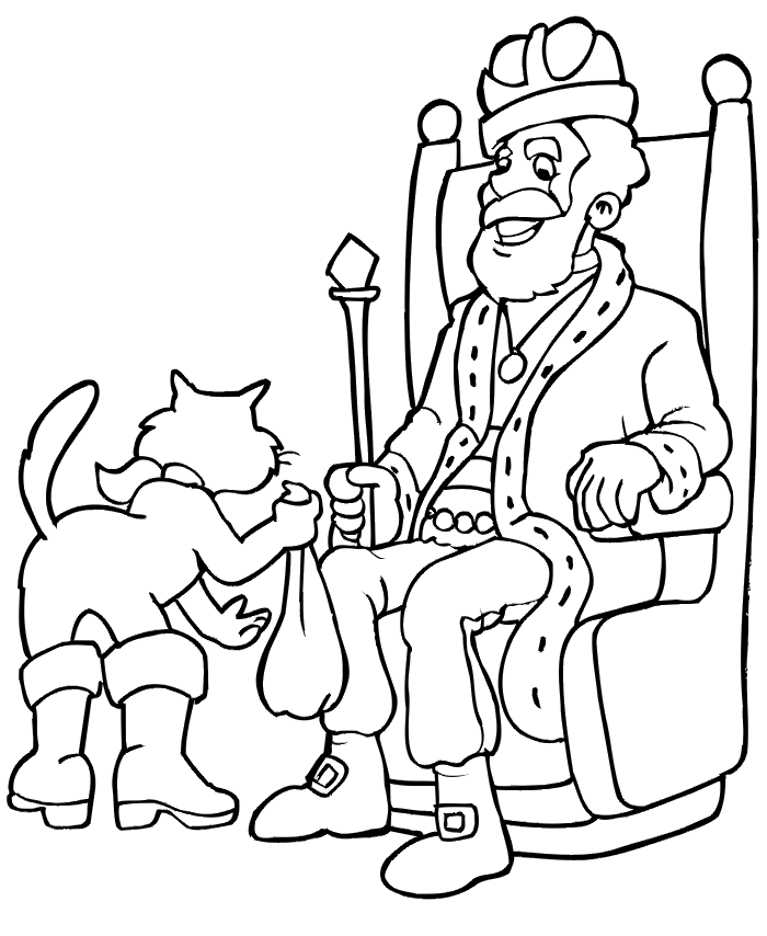 Coloring page of Puss in Boots presenting gifts to the king