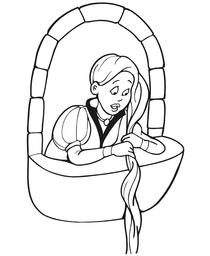 Coloring page of Rapunzel letting down her hair from tower window