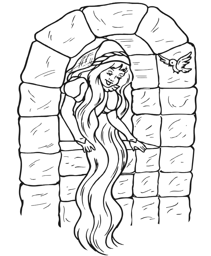 Coloring page of Rapunzel happily looking out the tower window