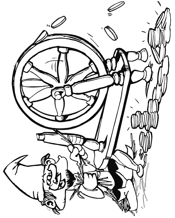 Coloring page of Rumpelstiltskin spinning straw into gold