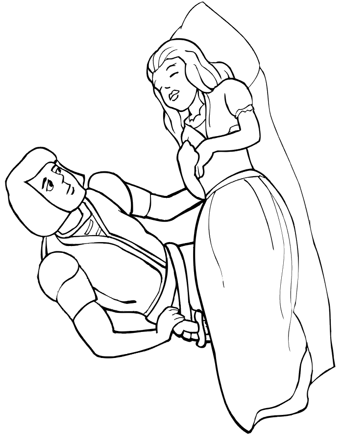 Coloring page of Sleeping Beauty awaiting a kiss from her prince