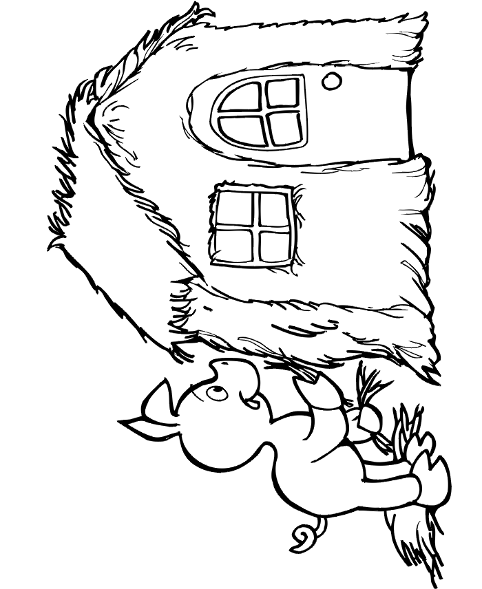 Three little pigs coloring page: The first pig finishes his straw house.