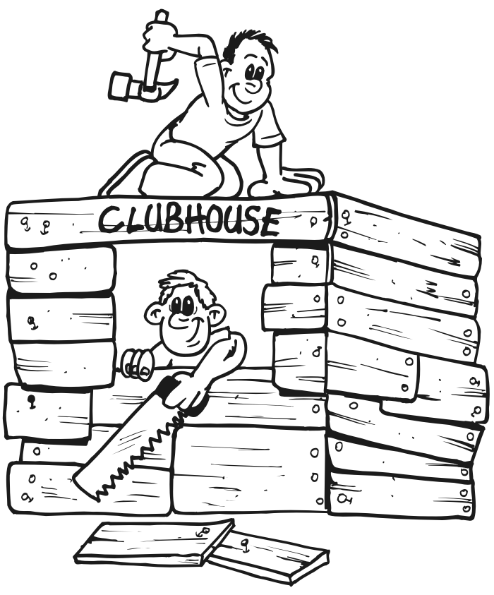 clubhouse coloring page of 2 kids build their clubhouse