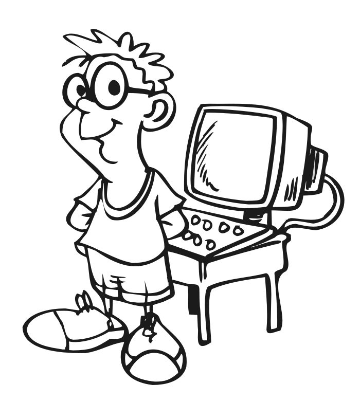 computer coloring page of boy in front of a computer
