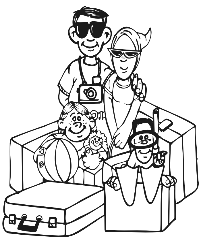 Family vacation coloring page of a family packed and ready to go