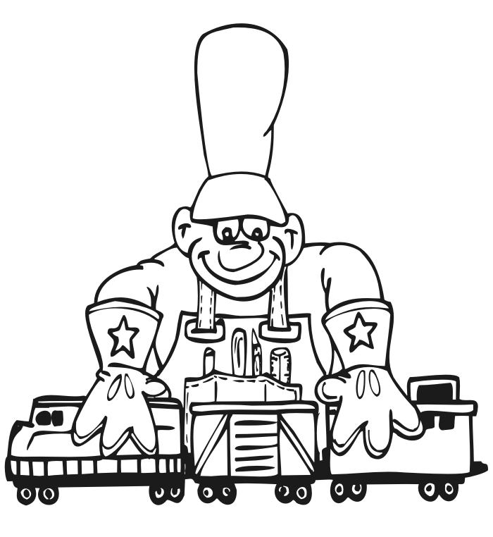 Hobby trains coloring page of a guys playing with his trains