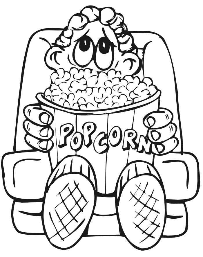 Movie coloring page of a kid with popcorn