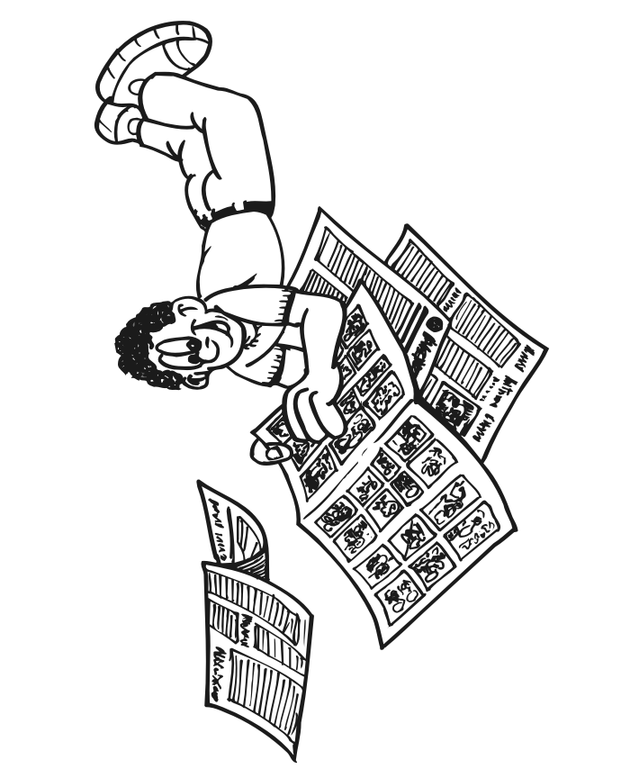 Comics coloring page of a guy reading the comics page of the newspaper