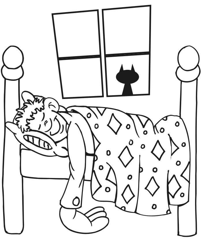 Sleeping coloring page of a boy asleep in bed