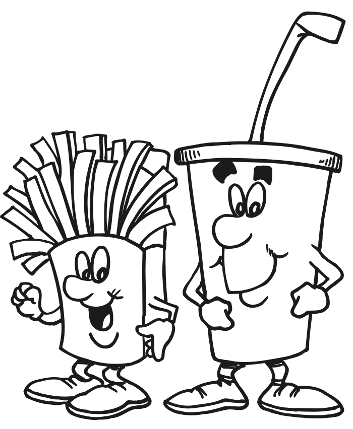 Food coloring page of happy fries and a drink
