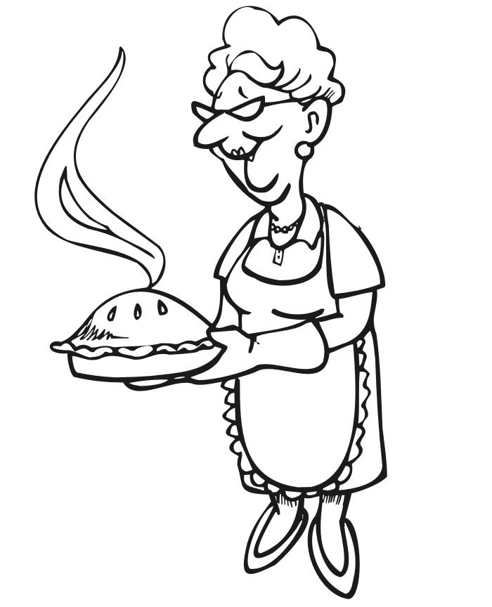 Food coloring page of grandma with her apple pie