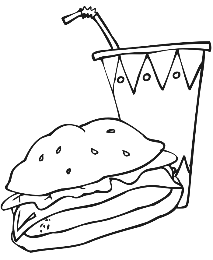 Food coloring page of a burger and a drink.