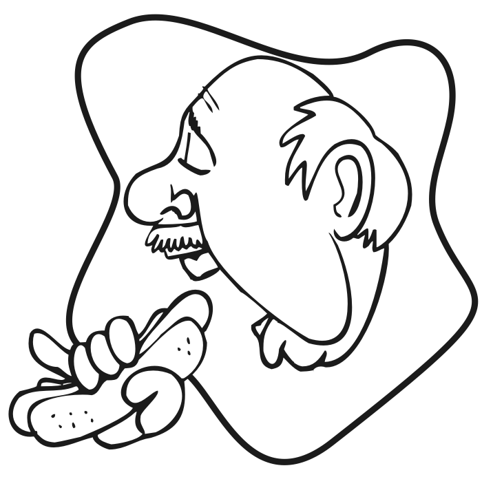 Food coloring page of a guy eating a hot dog.