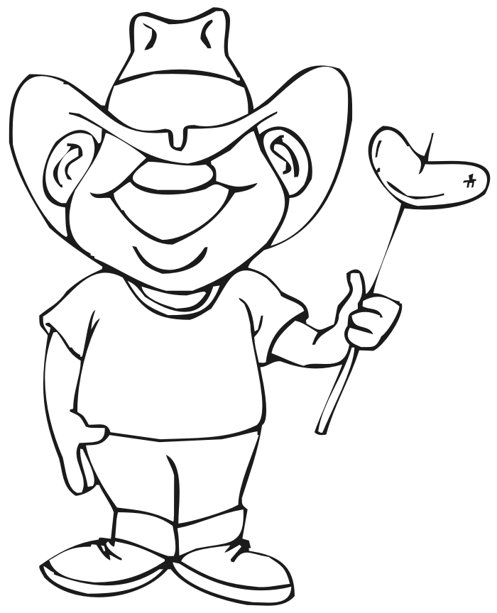 Food coloring page of a boy ready to roast a hot dog.