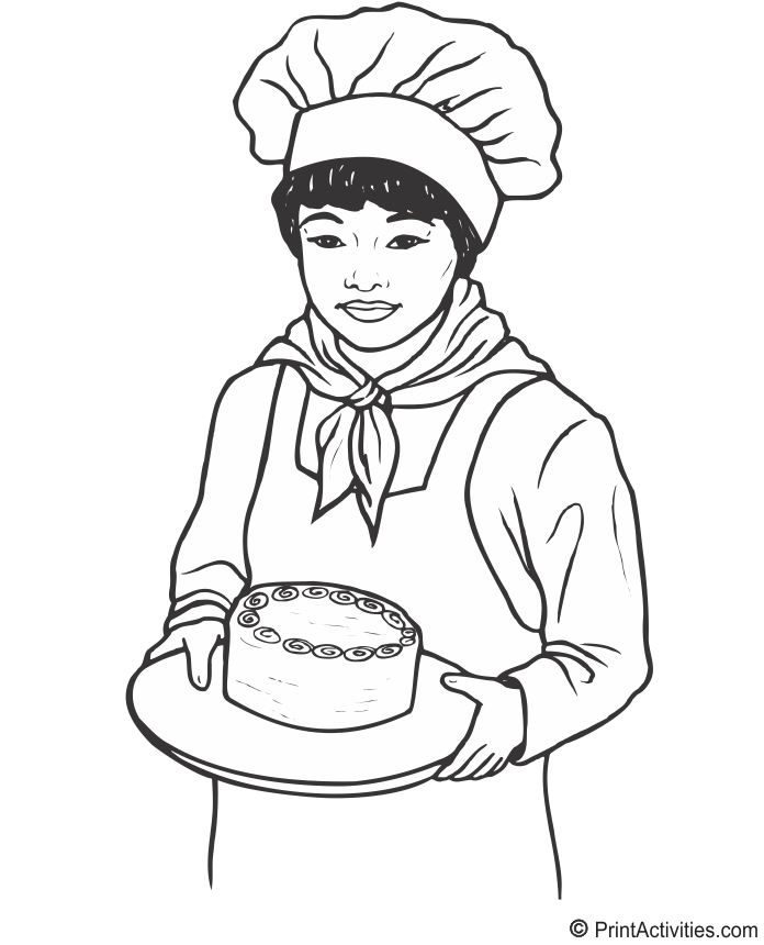 Baker coloring page of female bakers holding a cake
