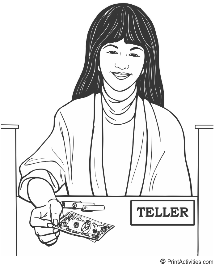 Bank Teller coloring page of female teller