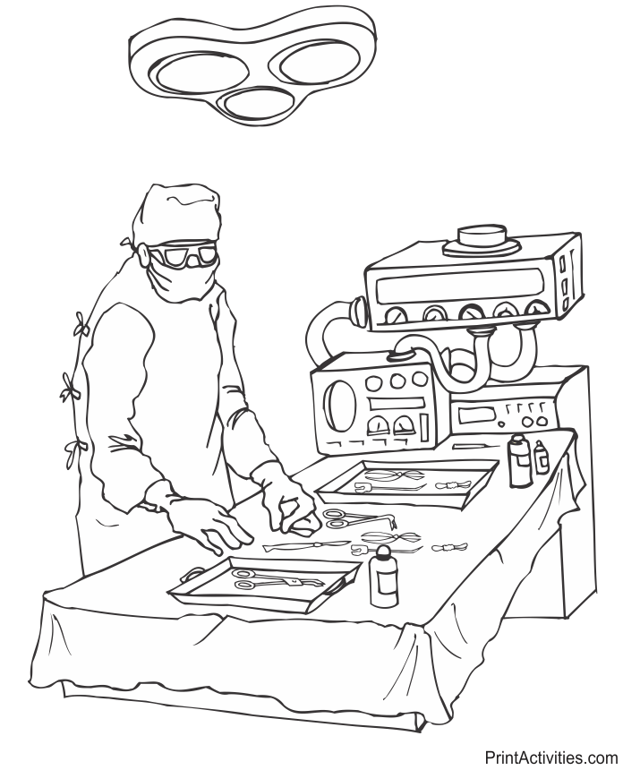 Doctor coloring page of a doctor with medical instruments