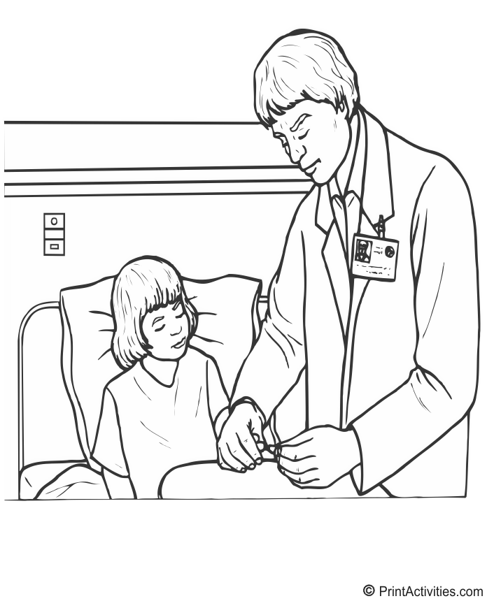 Doctor coloring page of a doctor at a girl's bedside
