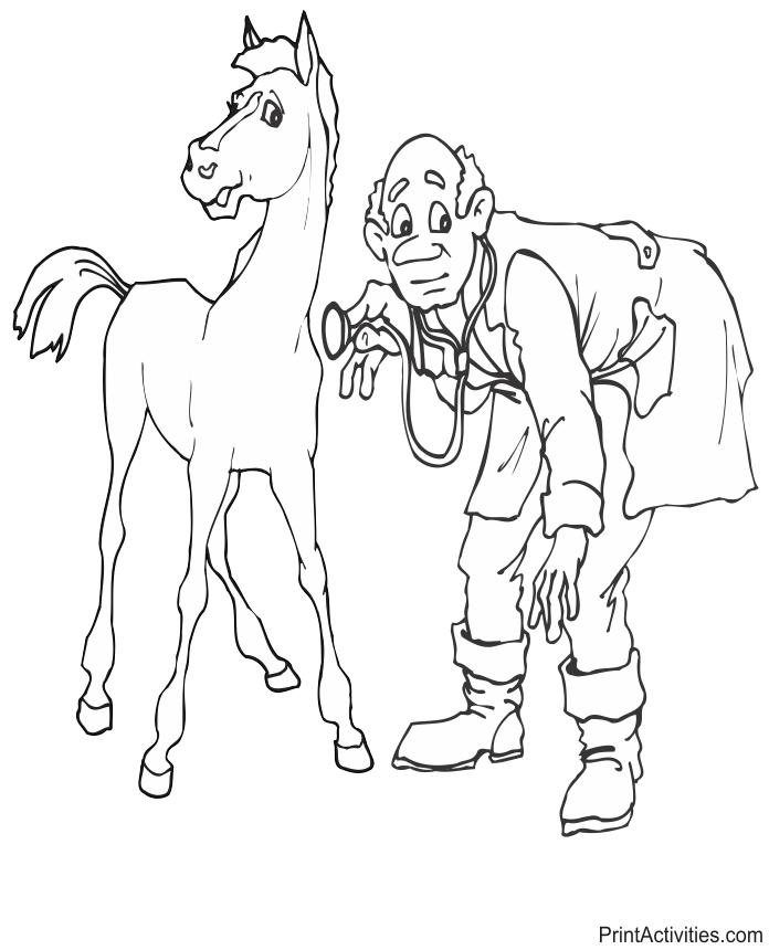 Vet coloring page of a vet with a horse