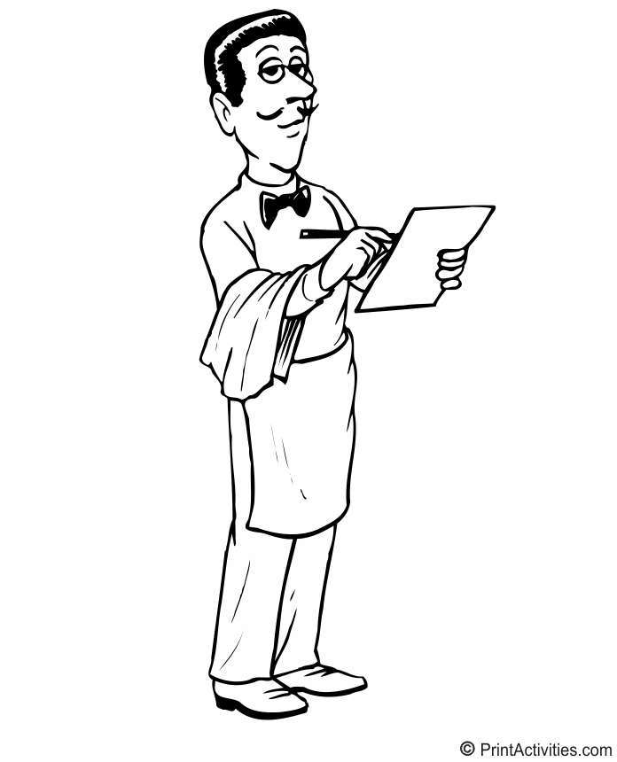 Waiter ready with pad and pen coloring page