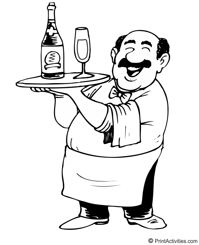 Waiter carrying drinks coloring page