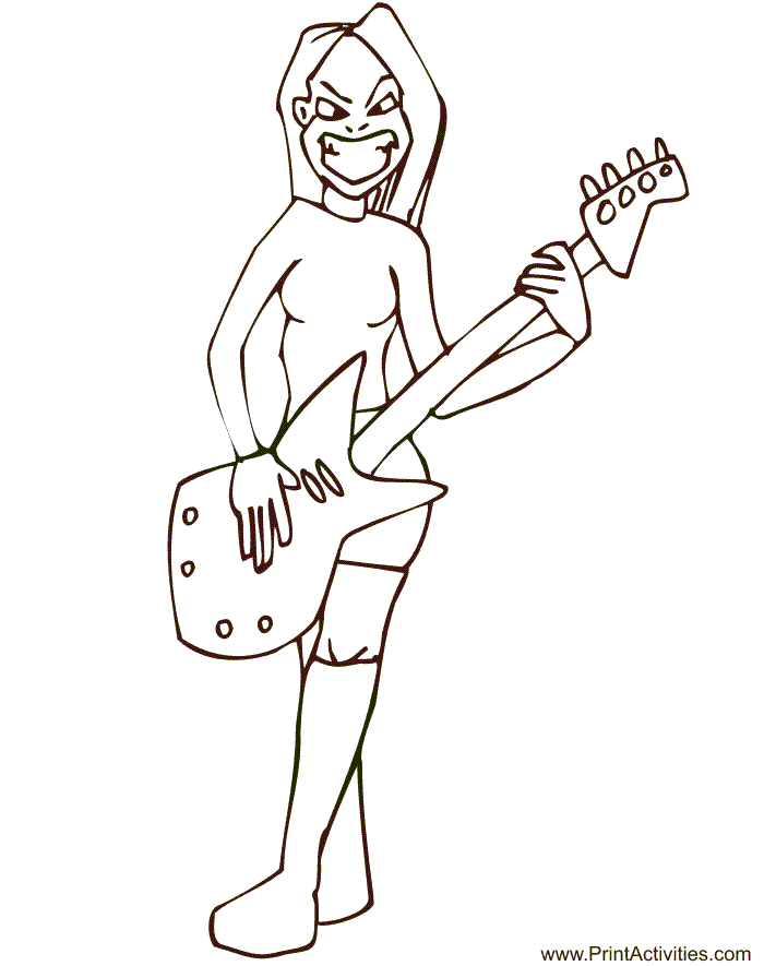 Female rock guitarist coloring page