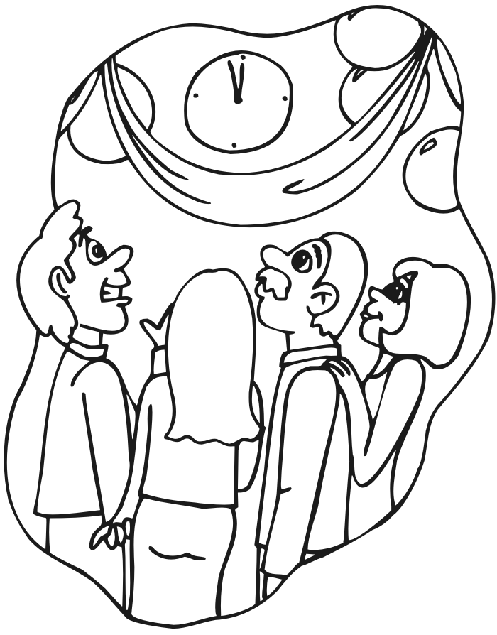 New Year's Eve coloring page of people counting down to midnight
